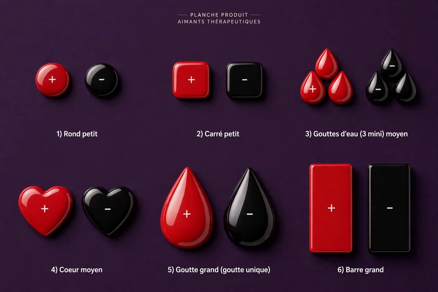 Lámina de los imanes terapéuticos utilizados en los pares biomagnéticos: redondo, cuadrado, gotas, corazón y barra, polo positivo rojo y polo negativo negro