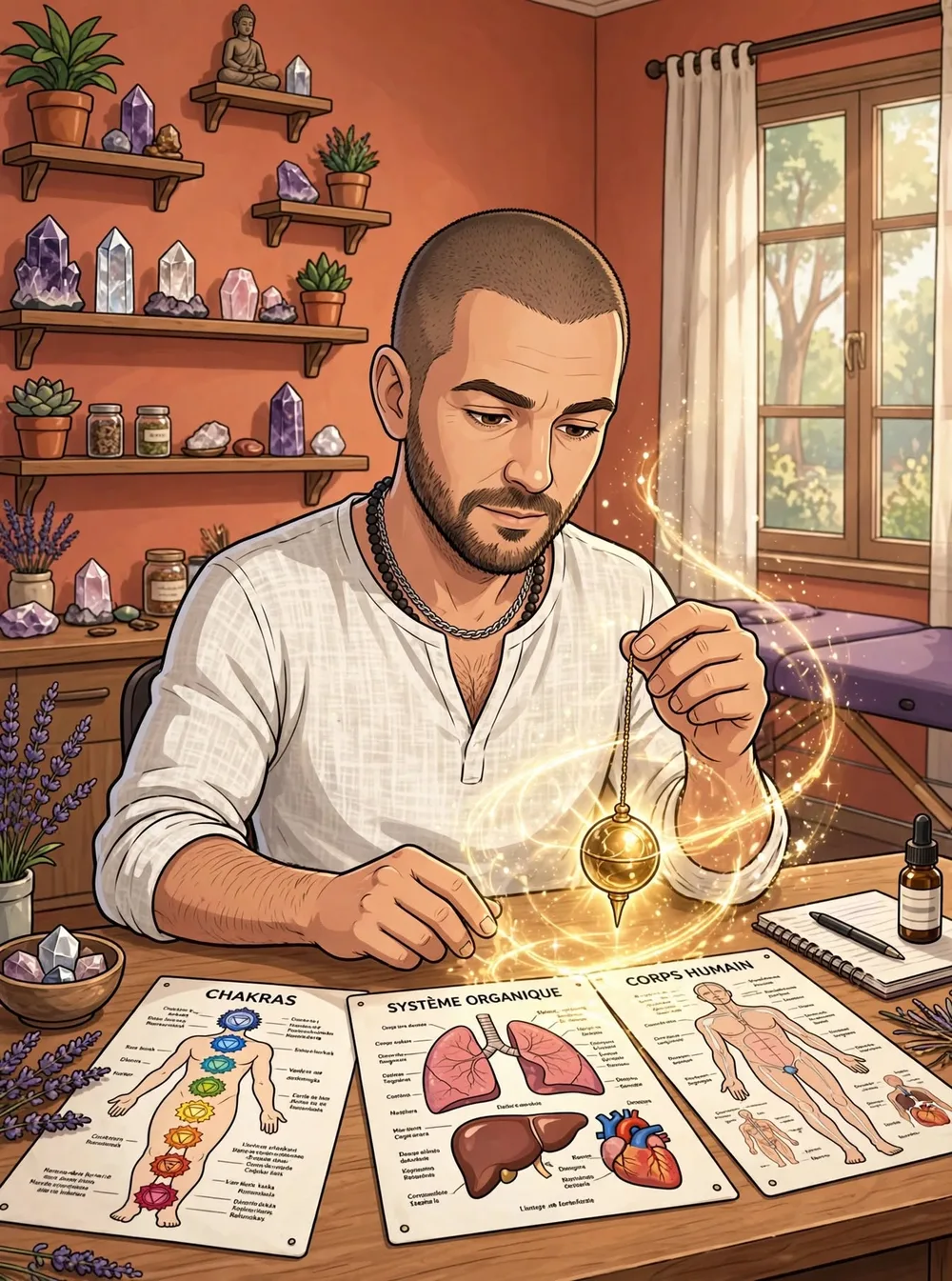 Jérôme realizando una sesión a distancia con un péndulo (ilustración)